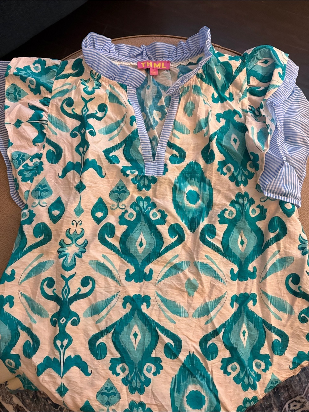 THML Teal and White Printed Tunic Top with Striped Trim